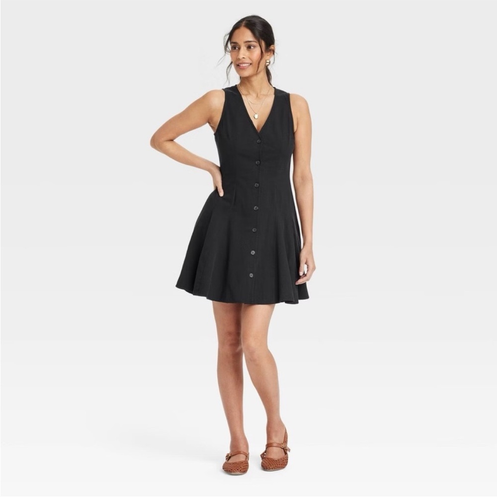 NWT Universal Thread Black Linen Mini Sundress Button-Front V-neck Fit and Flare